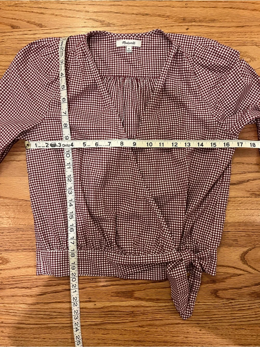 Madewell Maroon Gingham Wrap Top with Tie Waist
